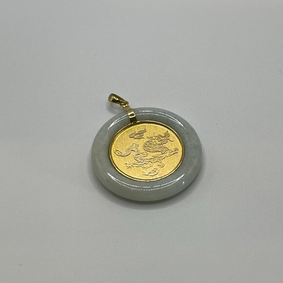 14K Yellow Gold & Green medallion Jade Pendant With Dragon Design read - Picture 3 of 10